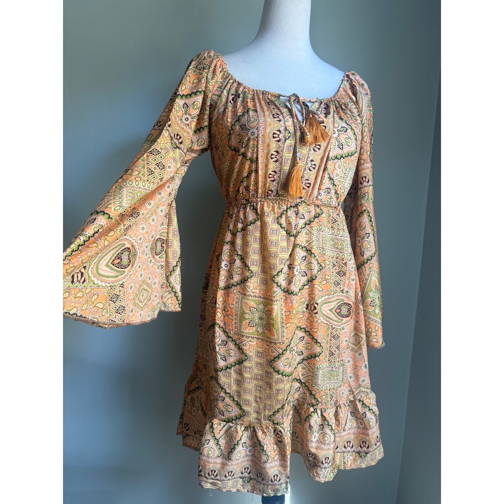 India Boutique Orange Paisley Boho Bell Sleeve Tassel Mini Dress whimsigoth fest